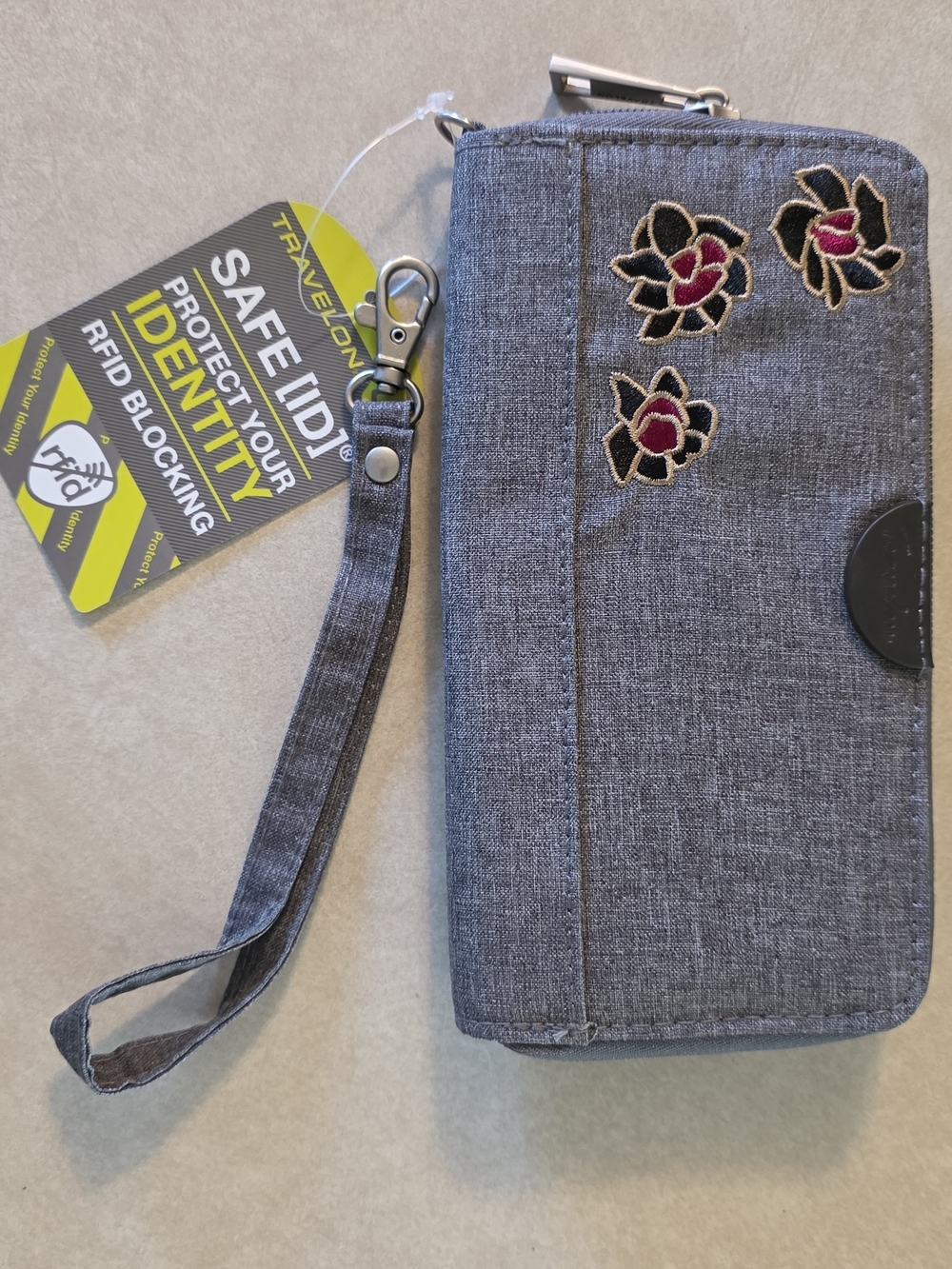 Travelon Gray RFID-Blocking Wristlet Wallet with Pink & Black Floral Embroidery
